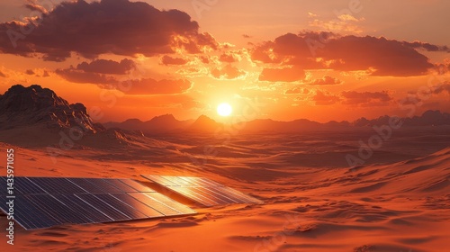 Obraz na płótnie Solar panels in desert landscape at sunset under a fiery sky. Showcasing renewable energy, innovation, and sustainable power solutions. w salonie