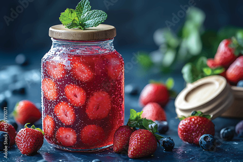 Strawberry Jar with Berries Still Life, Red Drink with Mint Leaves and Wood Lid