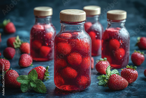 Still life. Transparent bottles are filled with red strawberries with wood lids