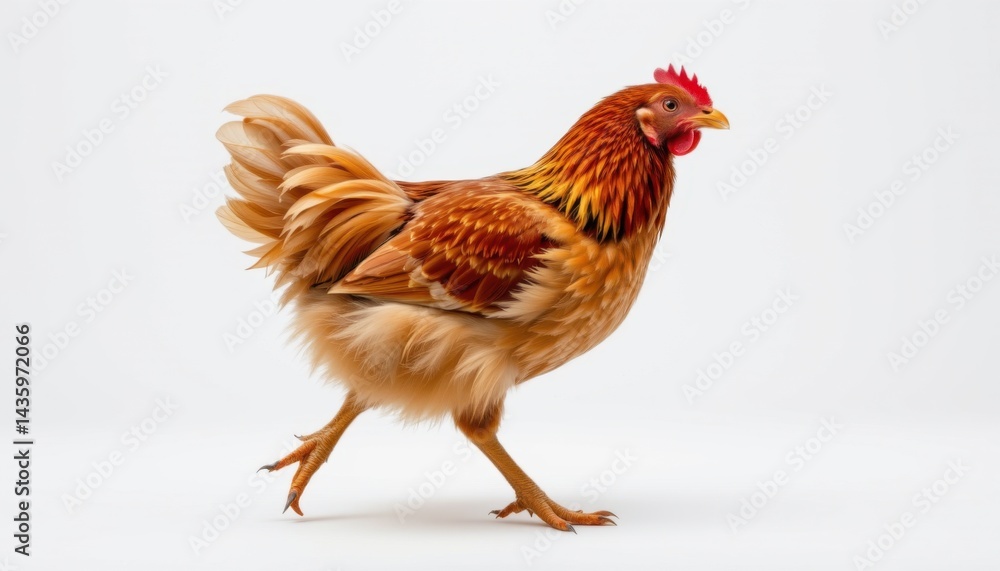 Fototapeta premium Energetic chicken walking in minimalist studio setting animal photography bright background dynamic perspective