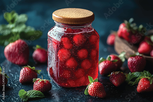 Jar of Strawberries with Wooden Lid and Mint Leaves on Dark Textured Background