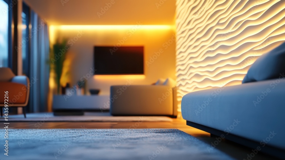 Cozy living room with warm lighting, textured wall, and comfortable modern furniture. Ideal for home design blogs, interior decorating, or relaxation concepts.