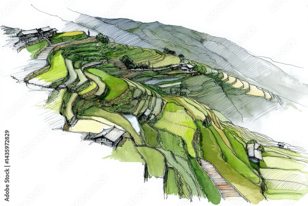 Vibrant Terraced Fields on Mountain Landscape with Houses and Vegetation