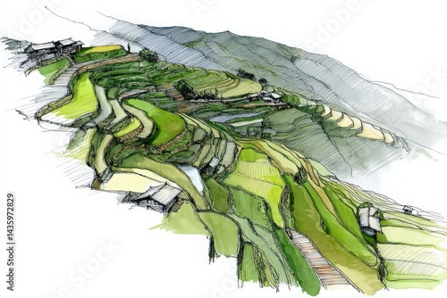 Obraz na płótnie Vibrant Terraced Fields on Mountain Landscape with Houses and Vegetation w salonie