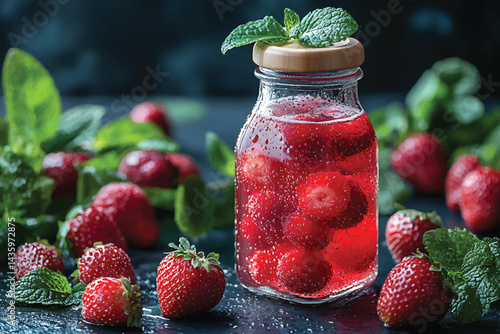 Sparkling Strawberry Infusion Jar with Bubbles, Fresh Mint, Ripe Berries Still Life