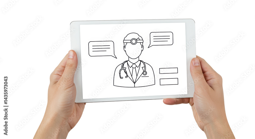 Isolated Doctor on Tablet Screen Held by Two Hands Isolated Doctor on Tablet Screen Held by Two Hands