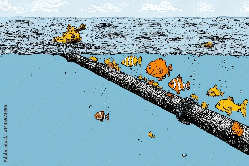 Vibrant Underwater Scene with Fish Near Pipe and Submarine Exploration