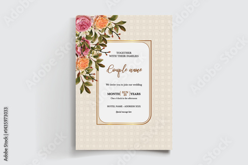 WEDDING INVITATION FRAME WITH FLOWER DECORATIONS AND FRESH LEAVES