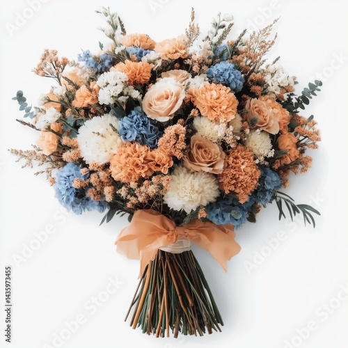 Rustic bouquet of preserved carnations, roses, and wildflowers.