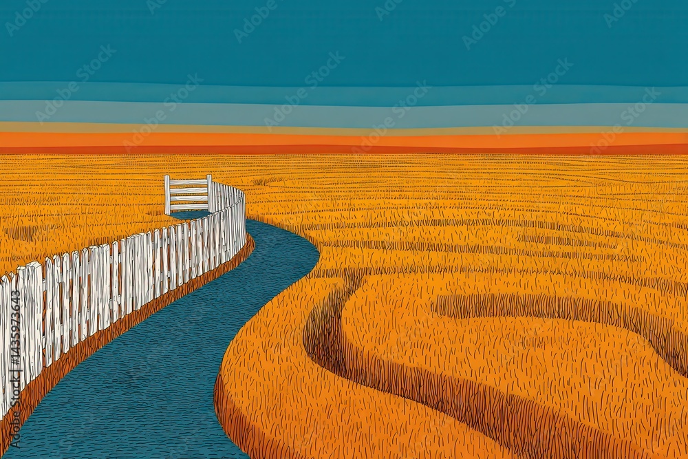 Vibrant Wheat Field with Curved Pathway and Wooden Fence