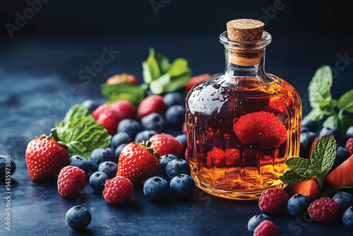 Fruit Infusion Clear Glass Bottle with Cork Top, Surrounded by Strawberries, Raspberries