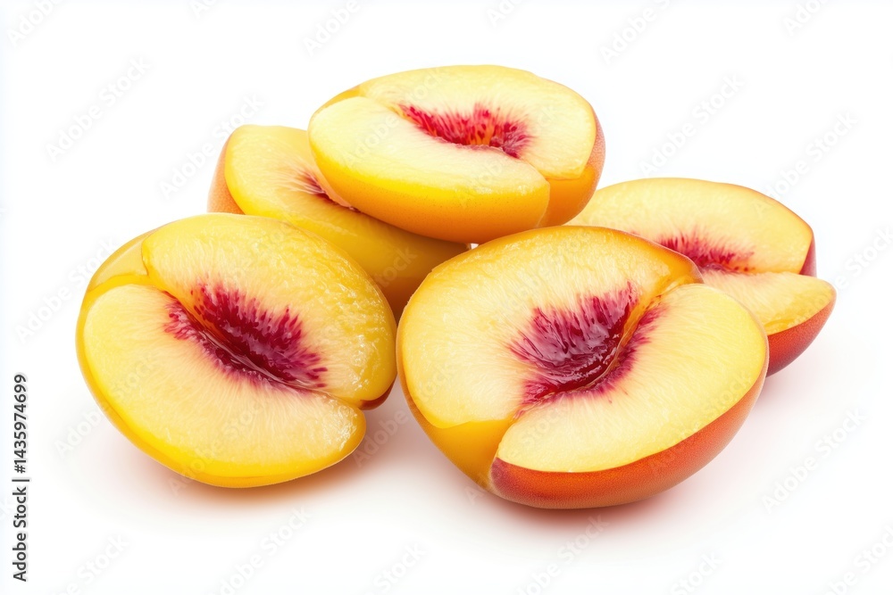 A multiple nectarine slices arranged neatly, isolated on a white background A multiple nectarine slices arranged neatly, isolated on a white background