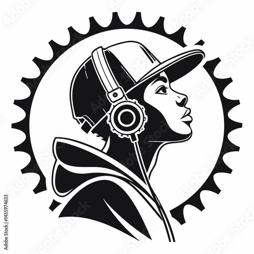 Silhouette Of A Young Woman With Headphones Surrounded By Gear Wheel Design