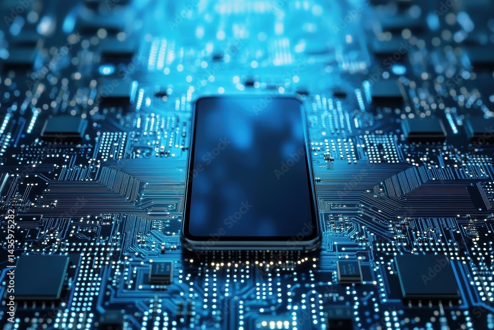 Innovative graphic layout design for tech advertising featuring a smartphone on a circuit board Innovative graphic layout design for tech advertising featuring a smartphone on a circuit board