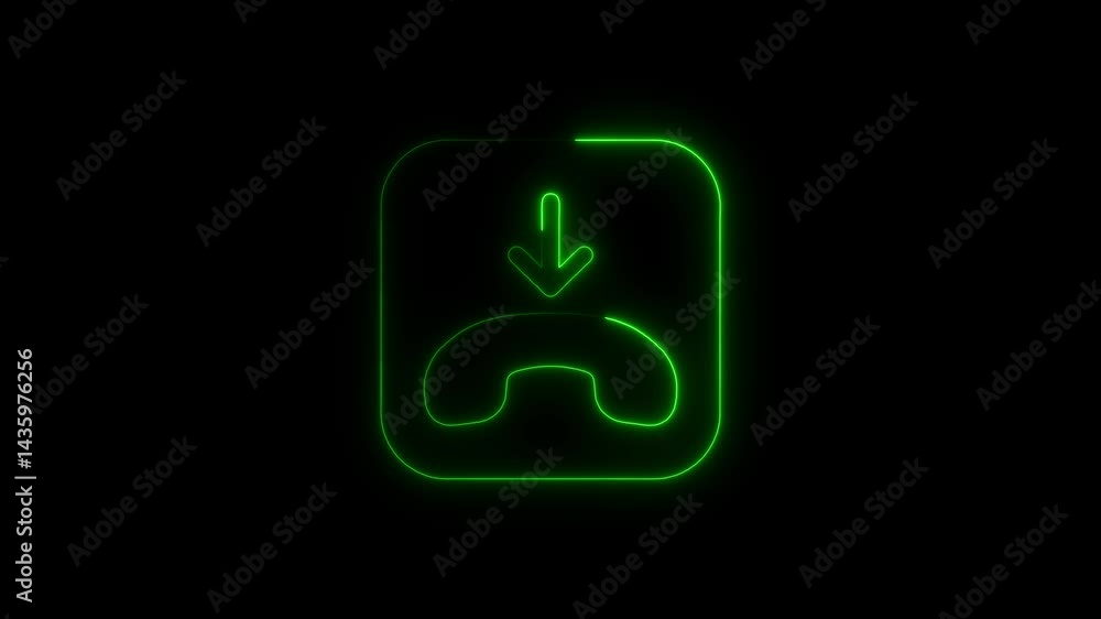 Neon style missed call icon with down arrow animation on dark background