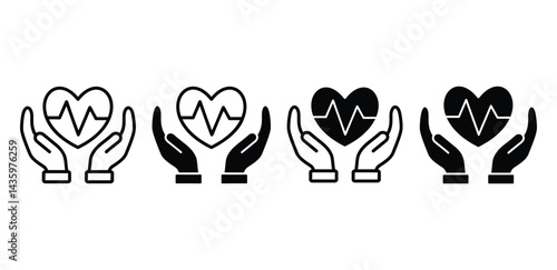 Heart Care Icon Black and White Hands Protecting Heartbeat Symbol Vector Design