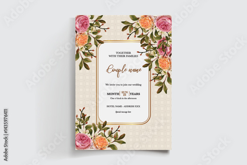 WEDDING INVITATION FRAME WITH FLOWER DECORATIONS AND FRESH LEAVES