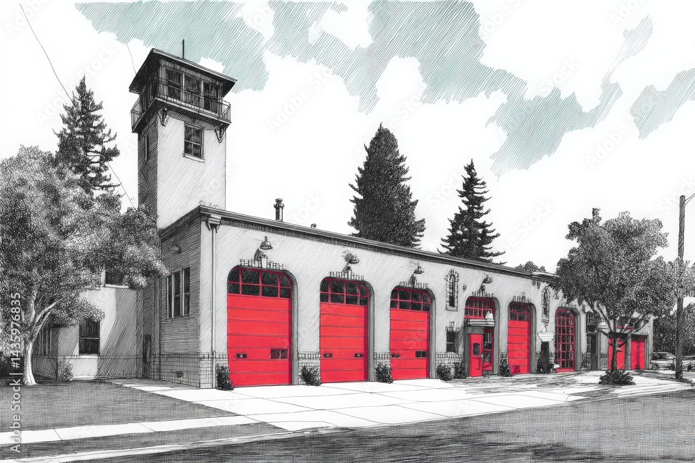 Vintage Fire Station with Bright Red Doors and Artistic Overlay
