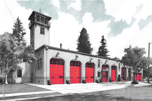 Obraz na płótnie Vintage Fire Station with Bright Red Doors and Artistic Overlay w salonie