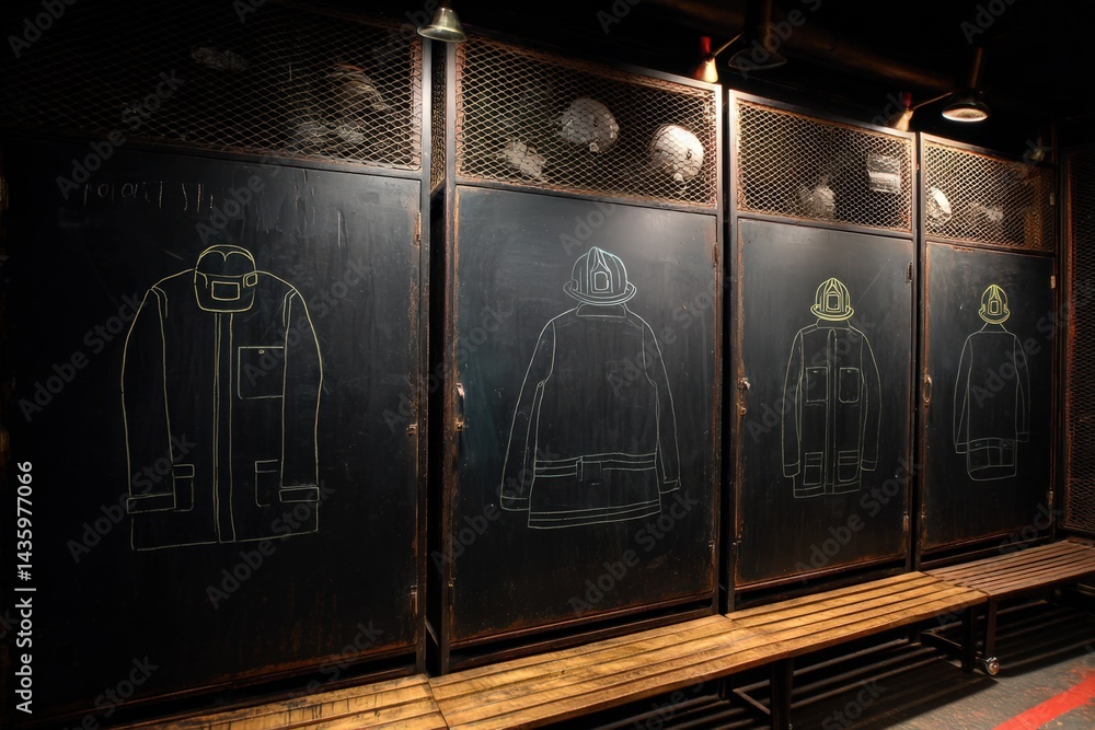 Vintage Firefighter Gear Illustrations on Chalkboard Walls