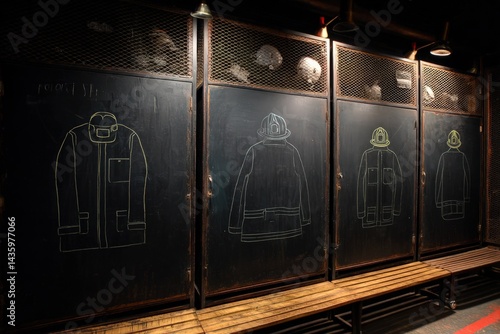 Vintage Firefighter Gear Illustrations on Chalkboard Walls