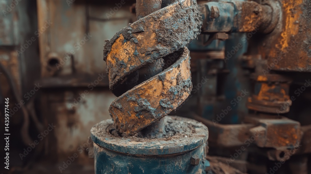 Close-up of a rusty, dirty, heavy industrial machine screw. Use for engineering, manufacturing, or a metaphor for hard work.