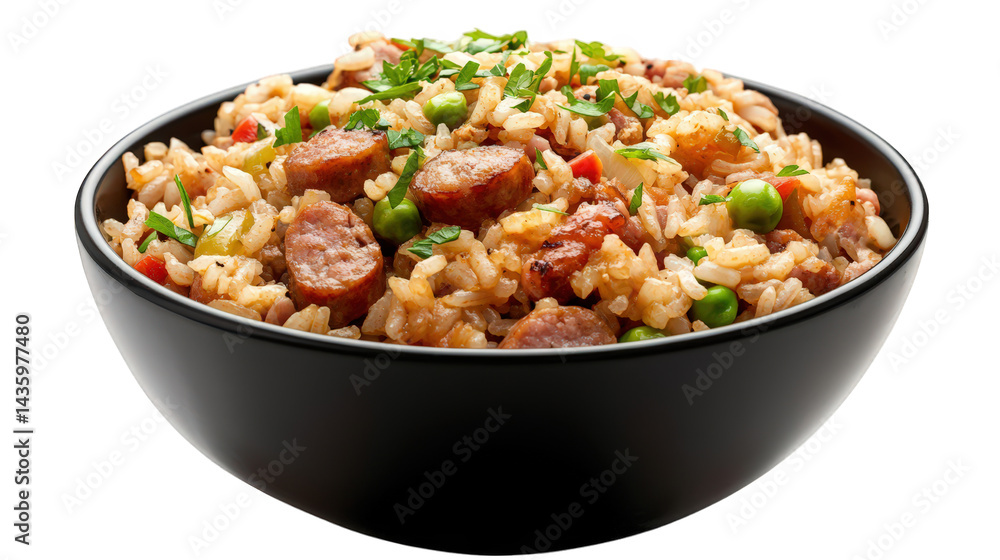bowl of rice mixed with sausage slices. green peas. and herbs. presenting a colorful and appetizing dish it is likely intended to showcase a hearty meal option. emphasizing comfort food and culinary e bowl of rice mixed with sausage slices. green peas. and herbs. presenting a colorful and appetizing dish it is likely intended to showcase a hearty meal option. emphasizing comfort food and culinary e
