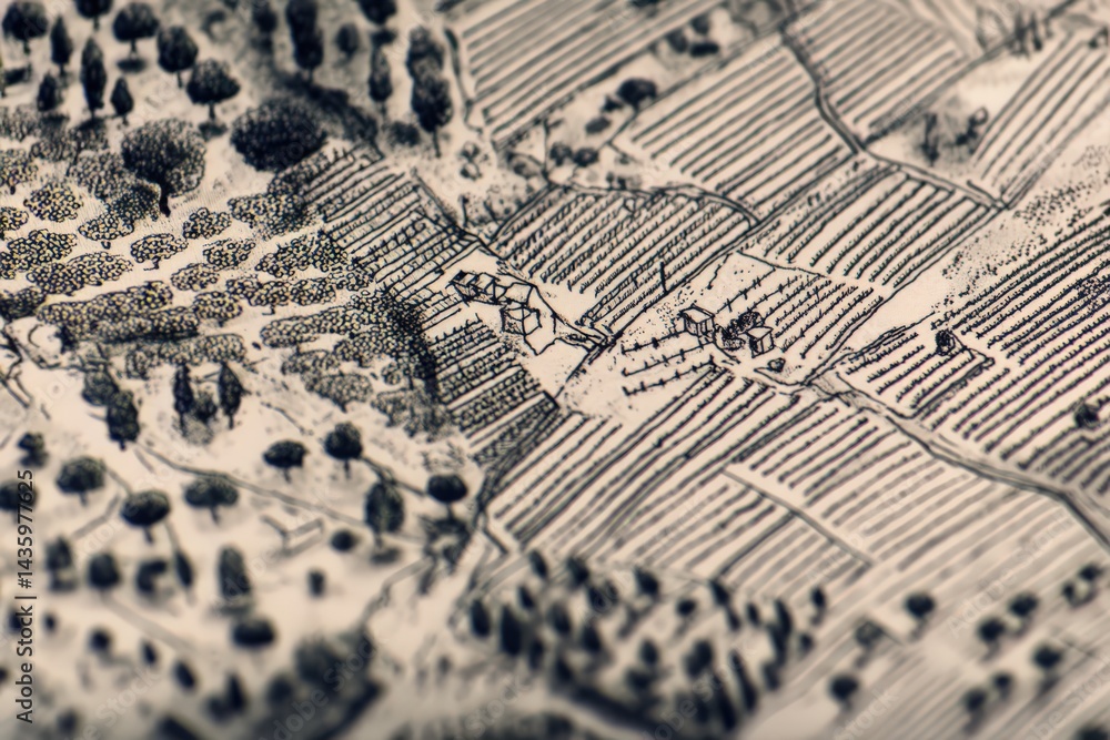 Vintage Hand-Drawn Map of Vineyard Landscape with Detailed Features