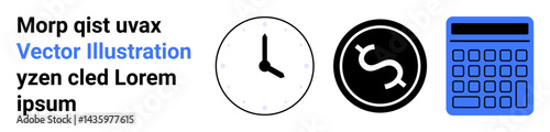 Analog clock, dollar icon, and calculator represent time tracking, budgeting, and financial calculations. Ideal for time management, finance, business planning, savings accounting productivity