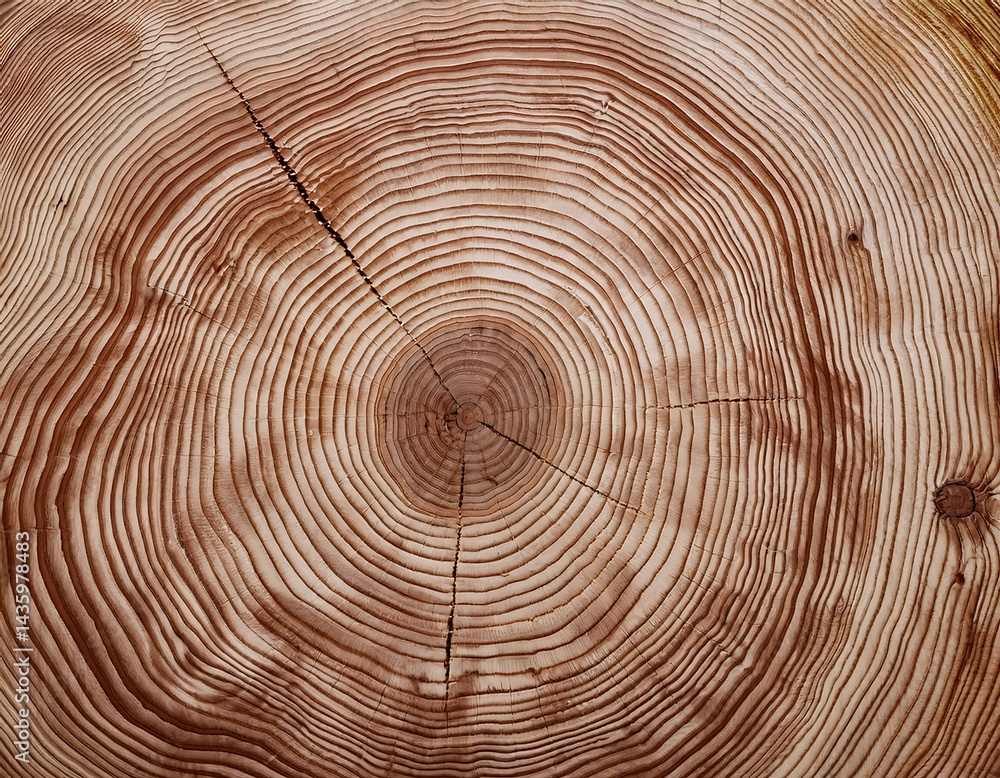 Fototapeta premium Close-up of a tree trunk cross-section showing detailed concentric growth rings and natural cracks radiating from the center, highlighting the texture and age of the wood.