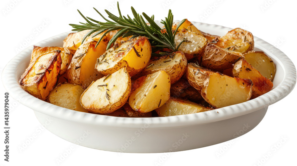 serving of roasted potatoes. cut into wedges and garnished with a sprig of rosemary. presented in a white dish the potatoes are golden-brown. indicating they are perfectly cooked and seasoned. making serving of roasted potatoes. cut into wedges and garnished with a sprig of rosemary. presented in a white dish the potatoes are golden-brown. indicating they are perfectly cooked and seasoned. making