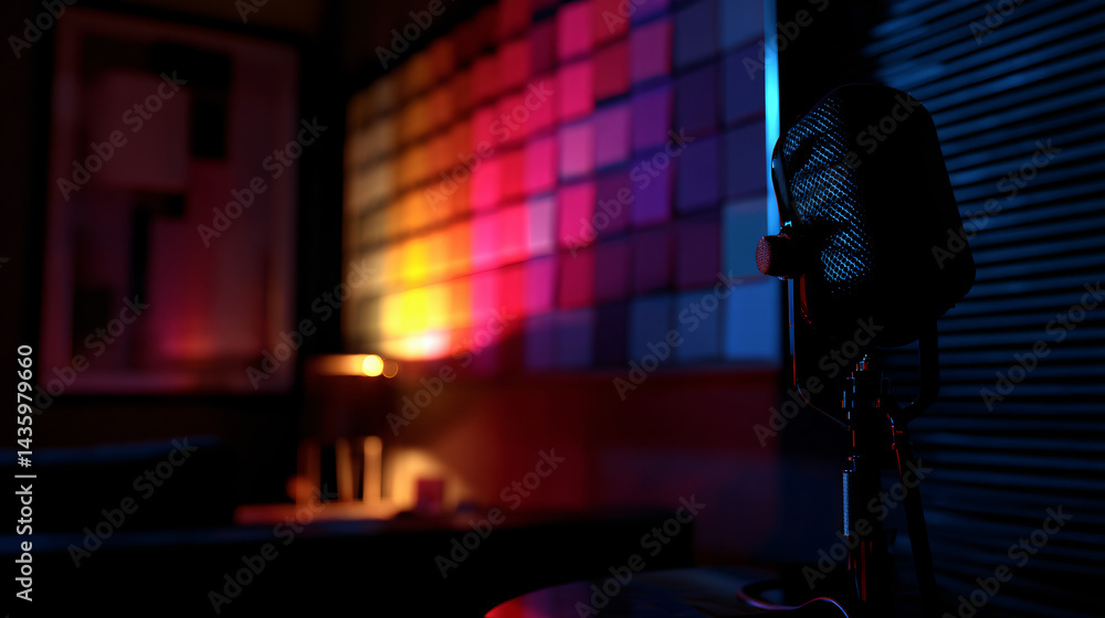 Colorful studio with retro microphone and sound panels, podcasting theme