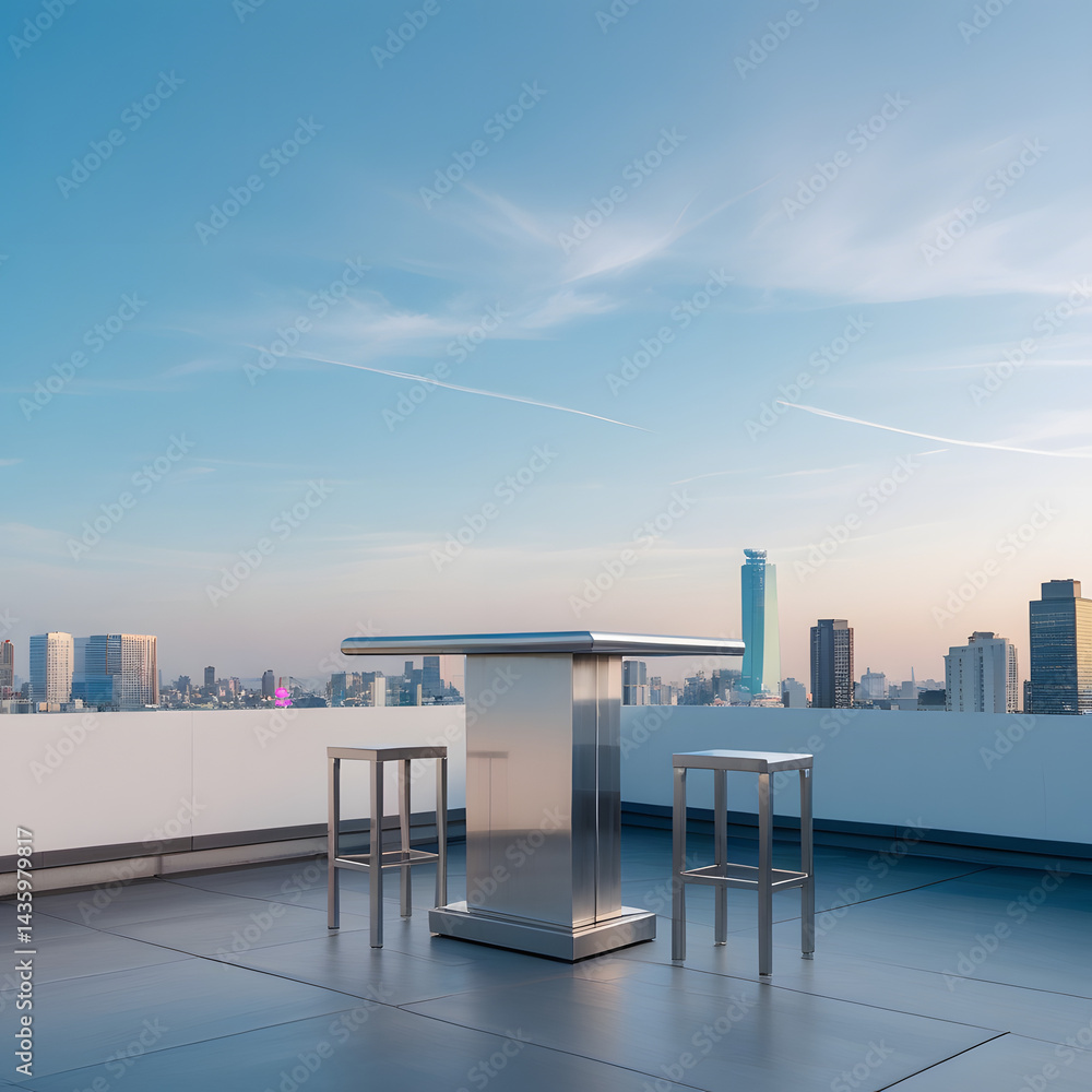 Naklejka premium Cityscape Rooftop: A modern rooftop setting with a stylish table and stools overlooks a sprawling cityscape, bathed in the soft light of early evening.