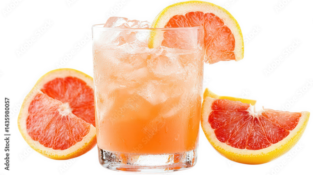 refreshing drink served in a glass filled with ice. accompanied by fresh grapefruit slices the vibrant colors and icy texture suggest a thirst-quenching beverage. perfect for warm weather or social ga refreshing drink served in a glass filled with ice. accompanied by fresh grapefruit slices the vibrant colors and icy texture suggest a thirst-quenching beverage. perfect for warm weather or social ga