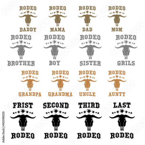 Rodeo themed badges with bull skulls