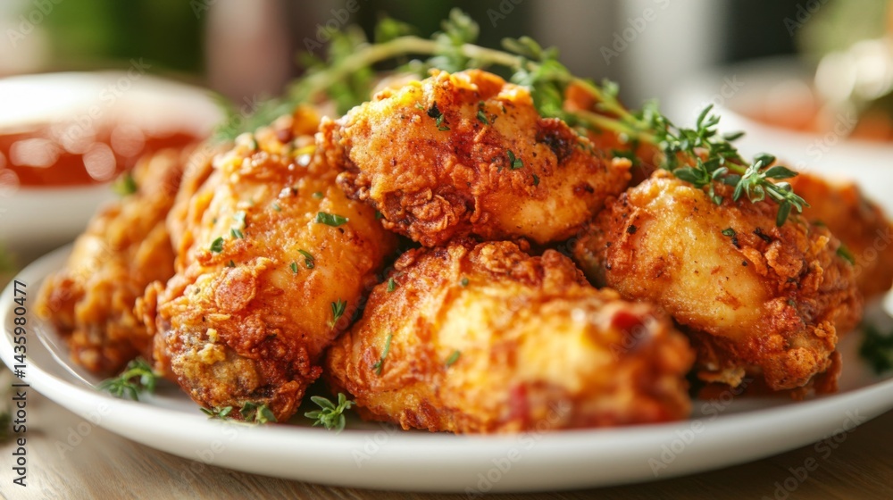 Crispy Fried Chicken Wings with Herbs on White Plate Crispy Fried Chicken Wings with Herbs on White Plate