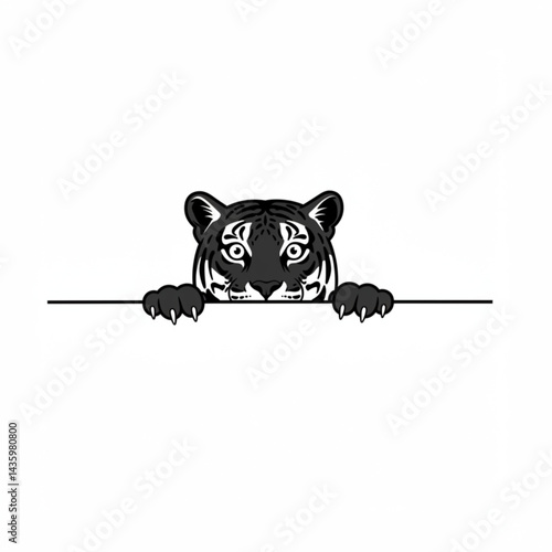 Minimalist black silhouette of a tiger's head and paws peeking over an edge with striking features