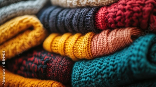 A stack of colorful, cozy knit sweaters, folded neatly together in a pile. Use it for fashion, winter, or handmade crafts related designs.