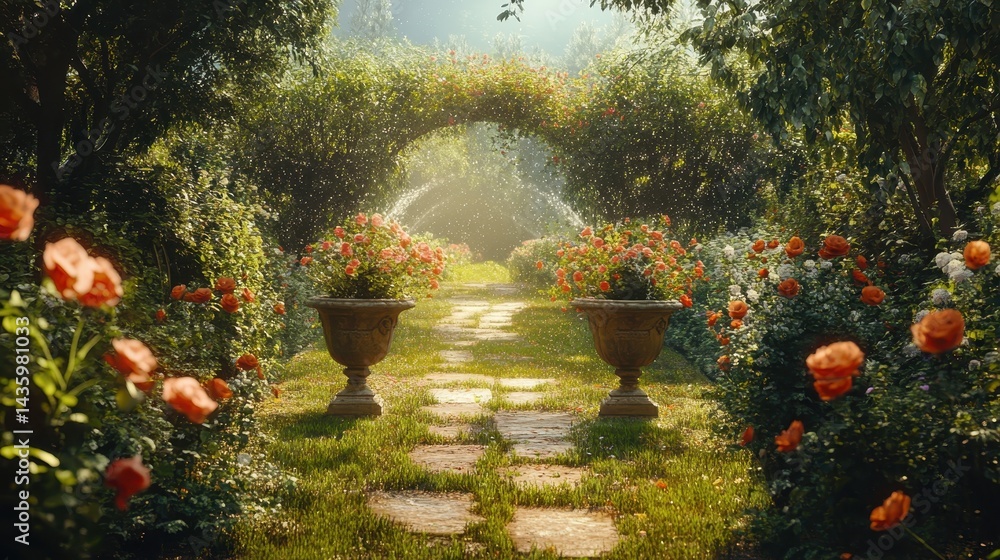 Lush garden path with roses, planters, and archway. Use this for idyllic, serene, or romantic themes.