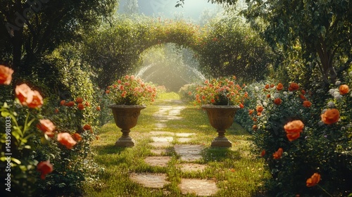 Obraz na płótnie Lush garden path with roses, planters, and archway. Use this for idyllic, serene, or romantic themes. w salonie