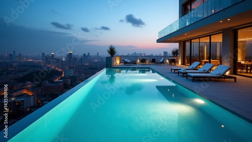 Luxurious modern rooftop infinity pool overlooking a sleek urban residence with stunning city views and clear blue skies