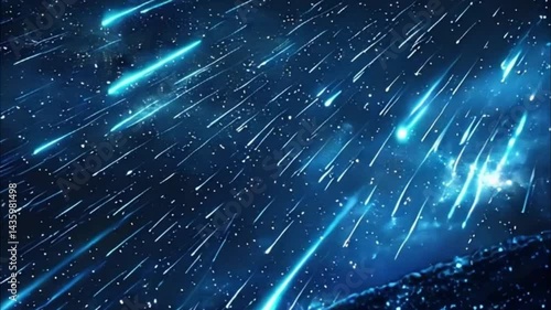 Starfall in sky, bright meteorites glow in atmosphere