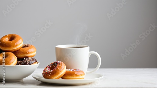 Sweet Treats and Steaming Coffee: A Delicious Start to the Day with a Colorful Collection of Donuts.