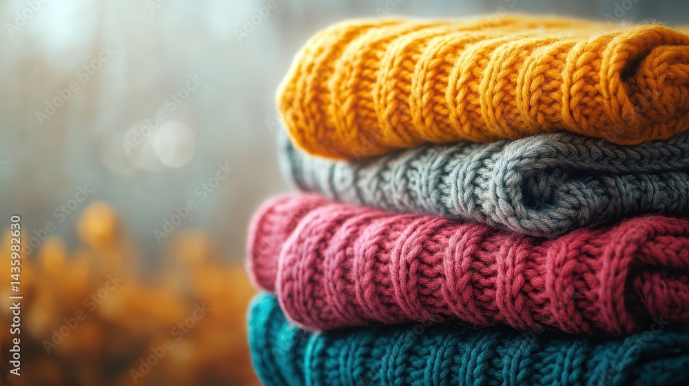 Stack of warm, colorful knitted sweaters, blue, pink, grey, and yellow wool. It's perfect for illustrating cozy comfort and autumn winter fashion style.