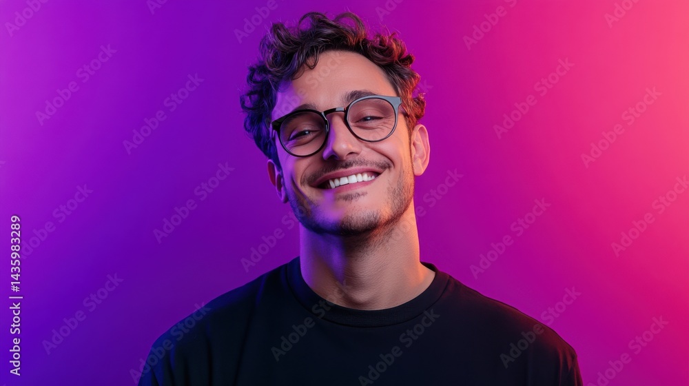 Fototapeta premium Smiling young man in glasses poses against a colorful gradient background with purple and pink hues