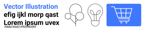 Shopping cart, balloons, and lightbulb set against a clean layout. Ideal for e-commerce, creativity, innovation, sales, online stores, party planning and simple landing page