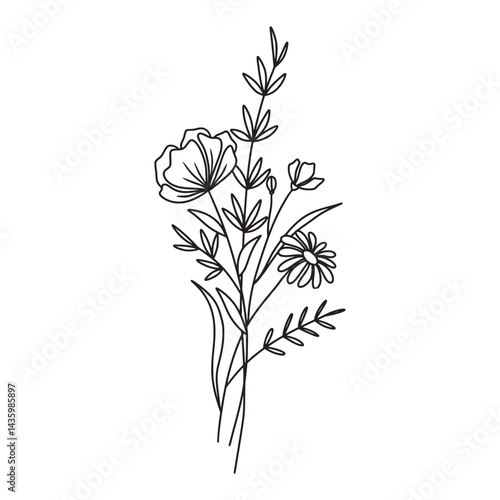 Flower bouquet vector. Hand drawn flower. Wildflower line art bouquets, wild plant, botanical vector illustration