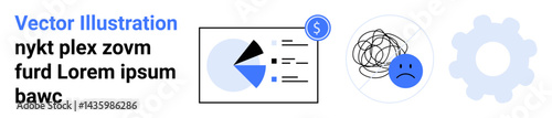Pie chart with report, tangled lines with sad face, and gear icon emphasize financial planning, emotional resilience, data visualization, stress management, workflow, planning, and simple landing