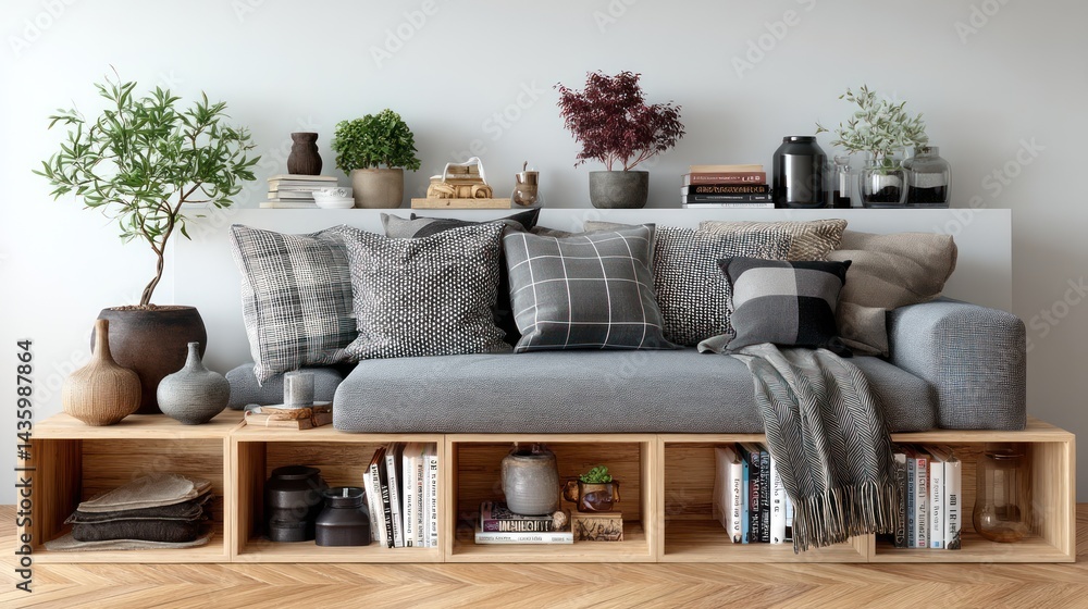 Fototapeta premium Cozy Living Room Arrangement with Stylish Sofa and Decorative Elements