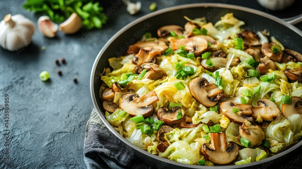 Savoy cabbage and mushrooms with green onions are cooked in a pan. It is perfect for healthy meals, recipes or food product advertising.